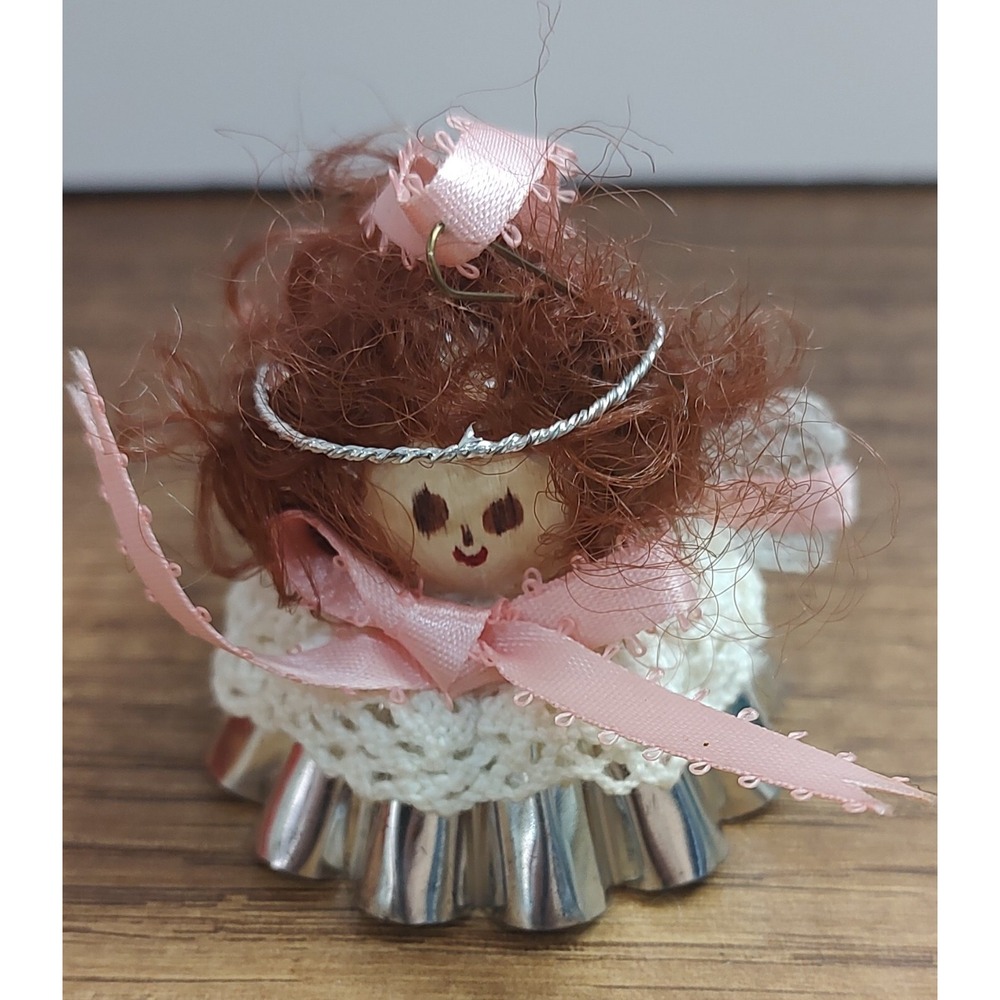 Vintage Handmade Tree Ornament Angel Christmas Angel Pie Tart Tin Bell B4